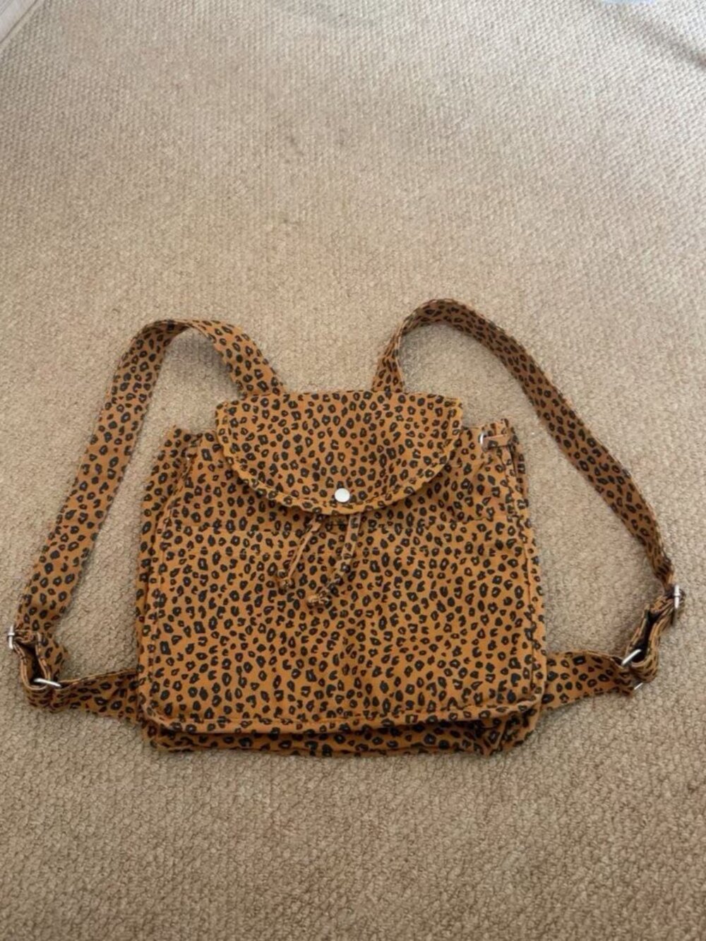 Baggu Leopard Print Canvas Mini Backpack Flap Drawstring Shoulder Bag